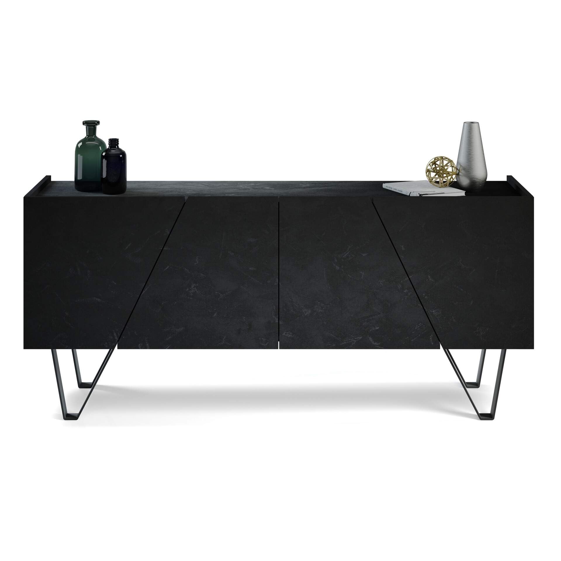 Mobili Fiver, Emma 4-Door Sideboard with Black Legs, Concrete Effect, Black, Made in Italy