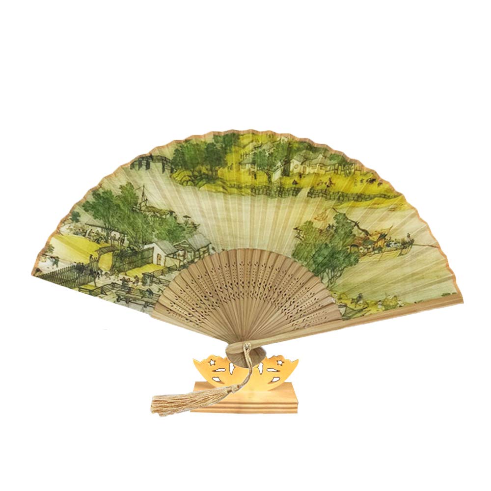 Folding Hand Fan Chinese Classical Style Portable Silk Fan Decorating Craft with Ancient Painting Along the River During the Qingming Festival