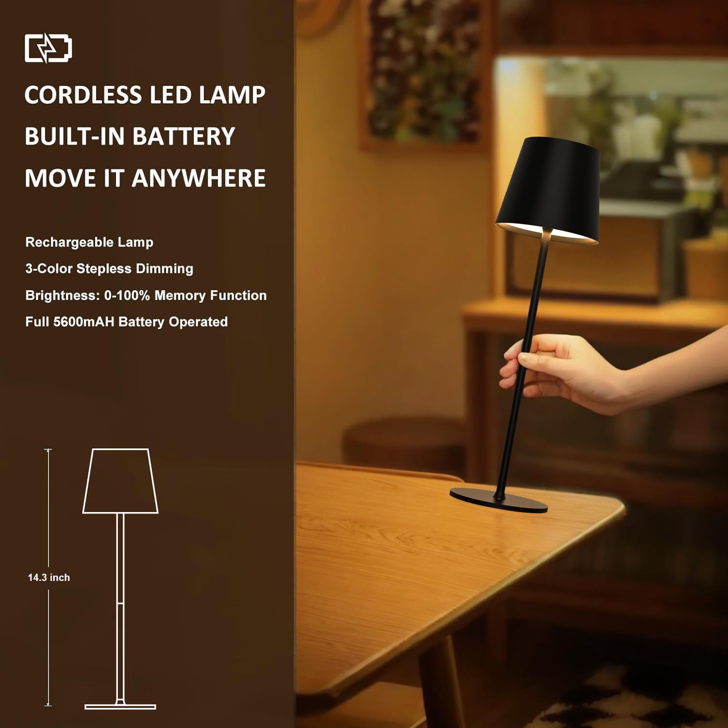2 Stück Dimmbare LED Akku Tischlampe, Touch Kabellose Tischleuchte mit USB-C, Metall LED Wiederaufladbar Akku Tischlampe für Outdoor und Indoor, Aluminium, IP44 Wasserdicht, 5600mAh, 5W, Schwarz