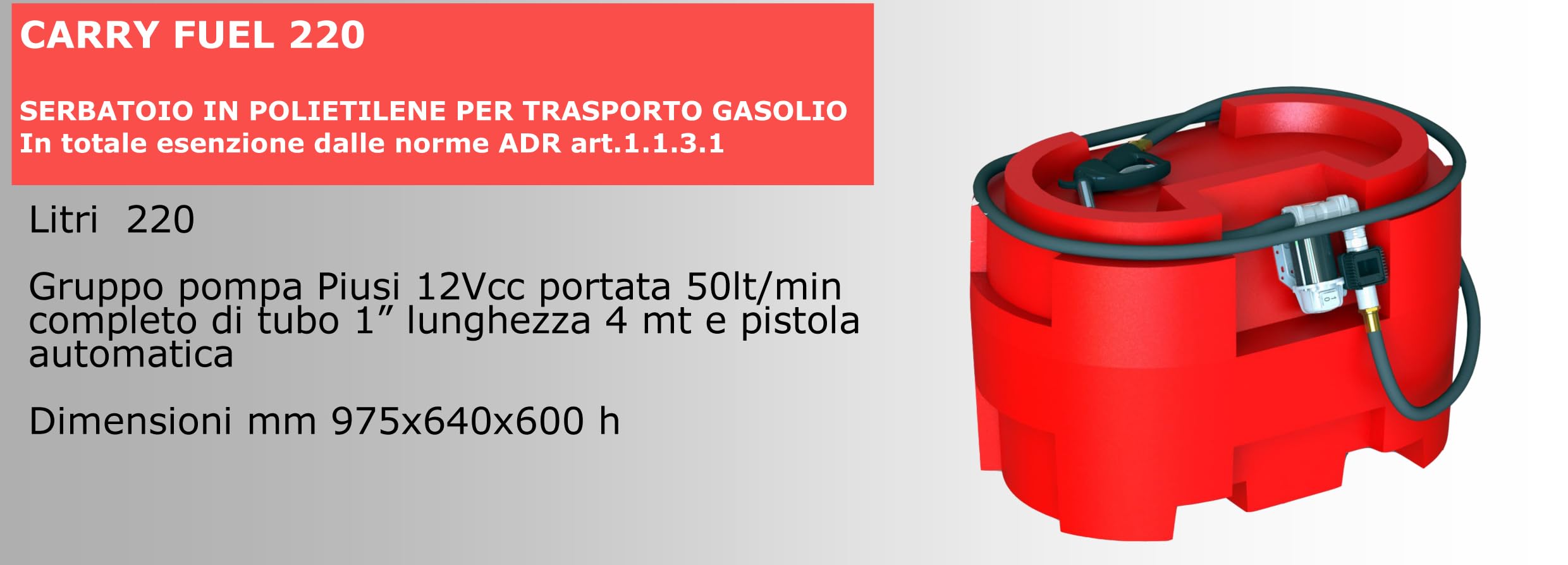 Depósito de polietileno para gasóleo portátil mod 220 litros bomba 12 V 50 lt/min para camiones, tractores, barcos, autocaravanas. Alta calidad, fabricado en Italia