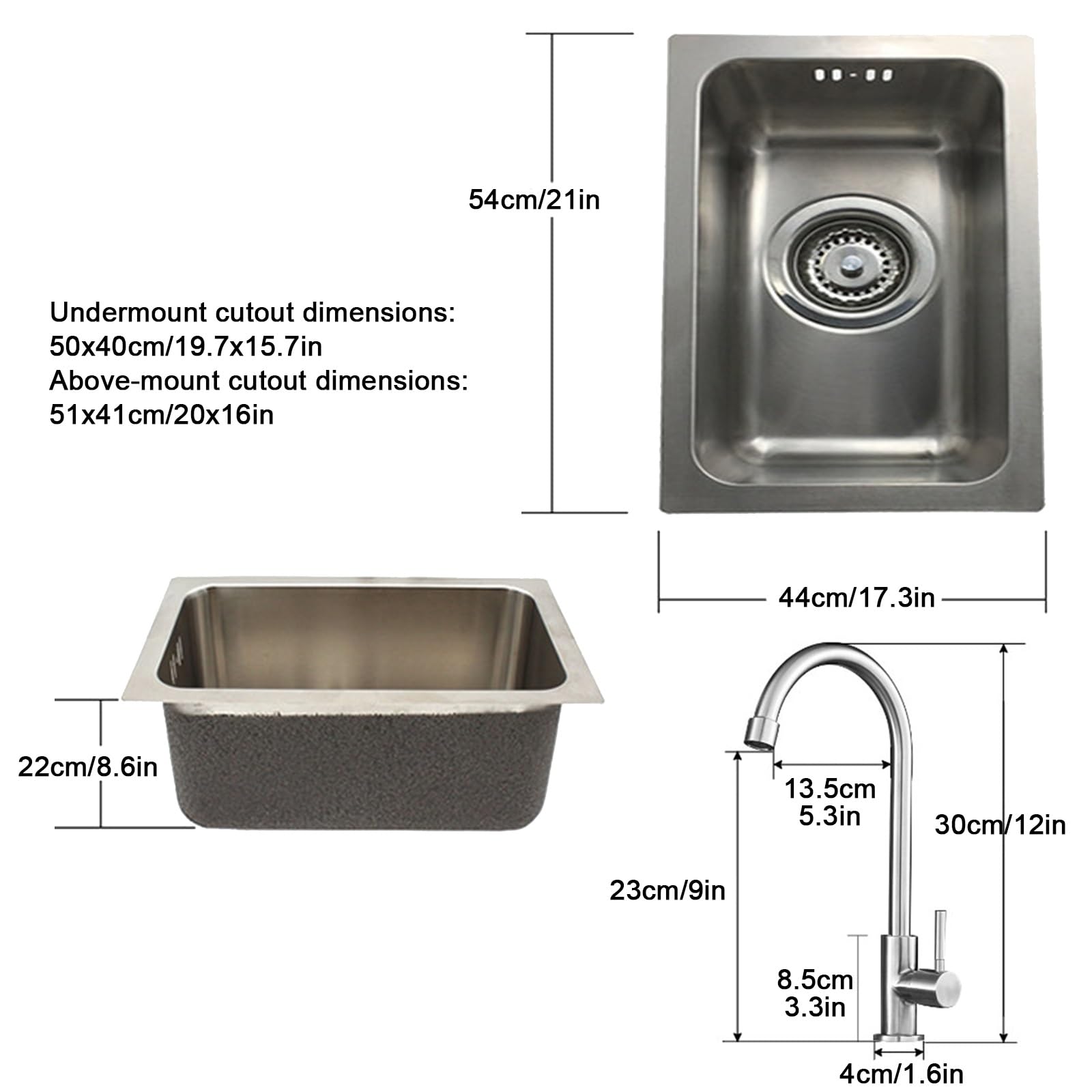 Fregadero Camping, Fregadero Cocina 1 Seno con Grifo, Acero Inoxidable 304, Empotrable, con Desagüe, para Bar de Caravana, Autocaravana o Barco(54x44x22cm/21x17.3x8.6in)