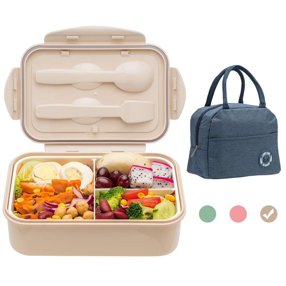 LOVINA Bento Boxes for Adults, 1100 ML Bento Lunch Box For Kids Childrens With Utensils, Insulated Lunch Bag, Durable for On-the-Go Meal, BPA-Free and Food-Safe Materials(Khaki With Bag)