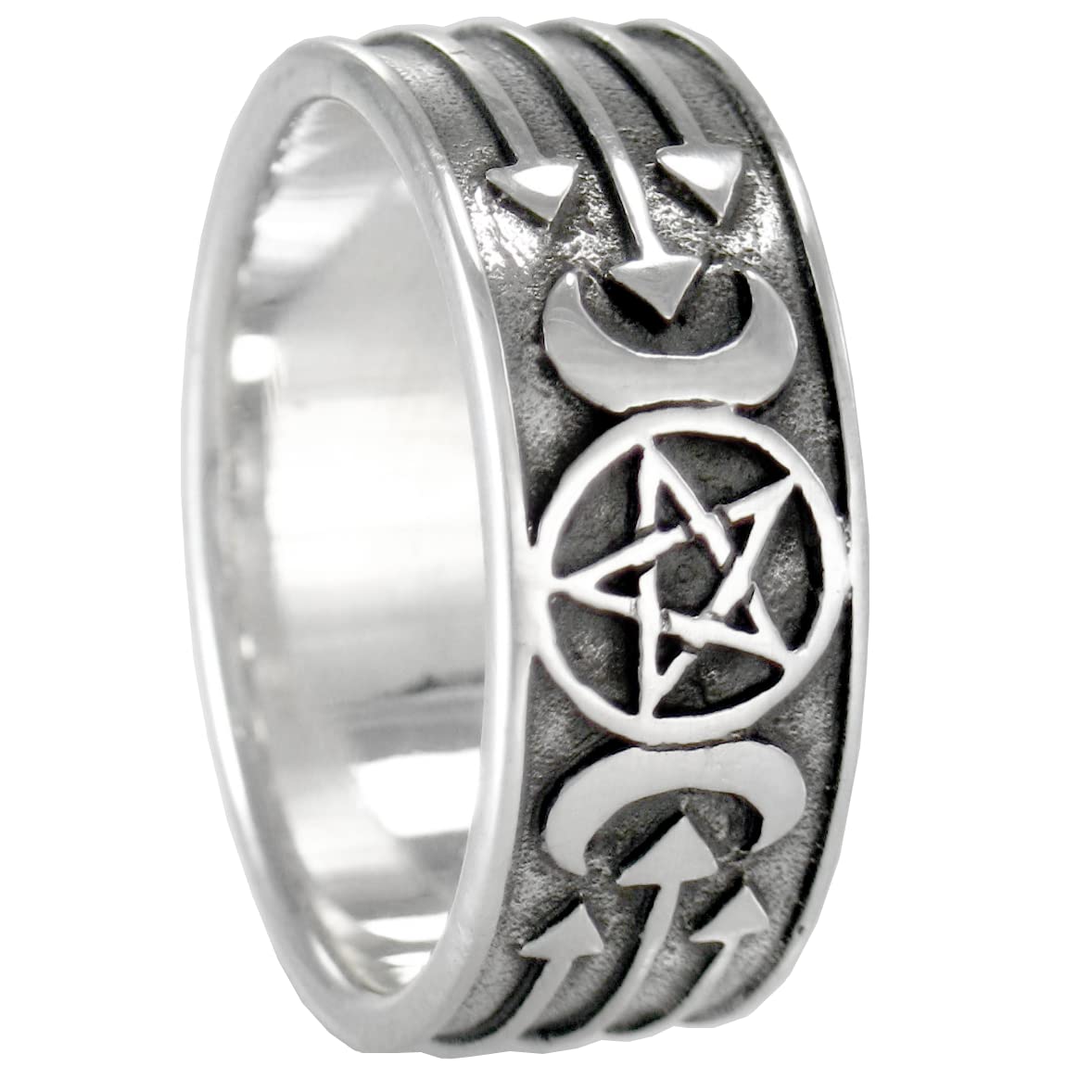 Sterling Silver Triple Moon lunar Goddess Pagan Wiccan Pentacle Ring (Size 4-15)