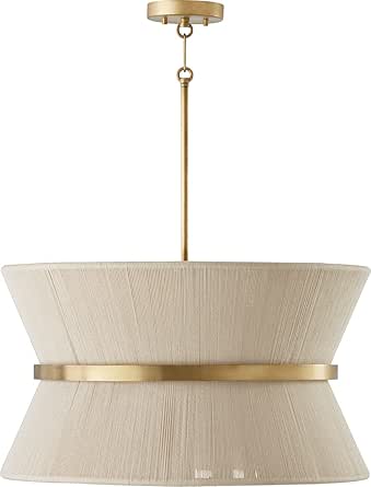 Capital Lighting 341281NP Cecilia Transitional Art Deco Luxe Hand-Wrapped Bleached Natural Rope Tapered Pendant Light Fixture, 8-Light 480 Total Watts, 14" H x 24" W, Patinaed Brass
