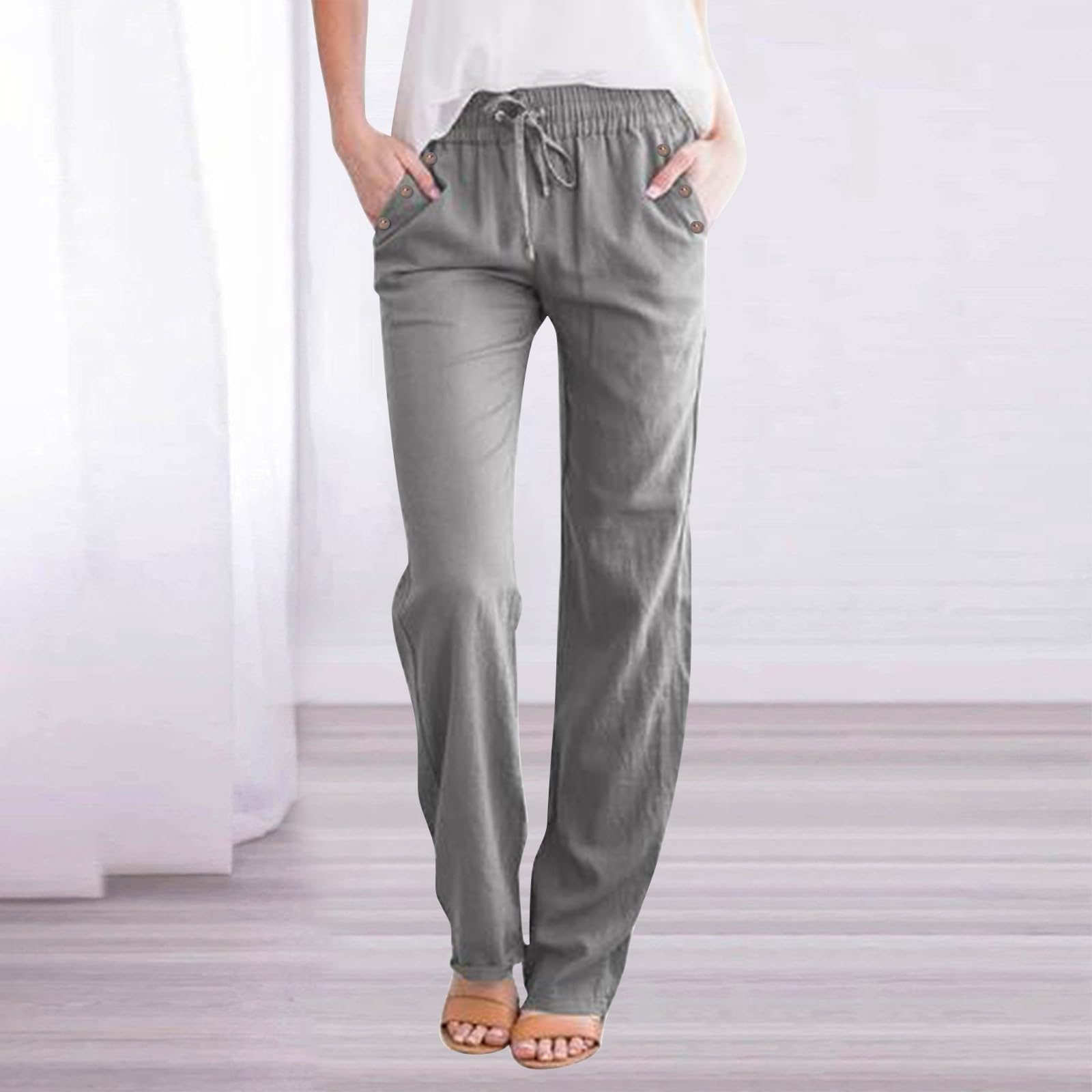 Women's Cotton Linen Pants Summer Casual Lightweight Baggy Pants Drawstring Waist Button Up Pocket Beach Lounge Pant Grey XL