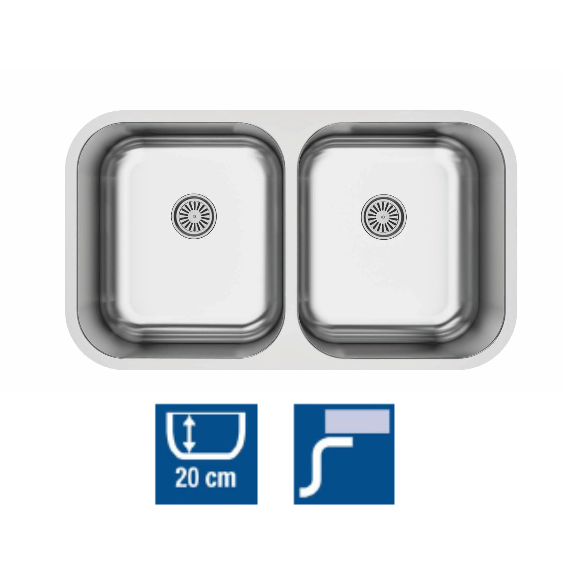 Cata Fregadero Cocina Bajo Encimera 2 Senos CB-2 /B Cuadrado, 79x46 cm, Profundidad 20 cm, Fonoabsorbente, Accesorios Incluidos, Instalación en Mueble de 90 cm, Acero Inoxidable Gris