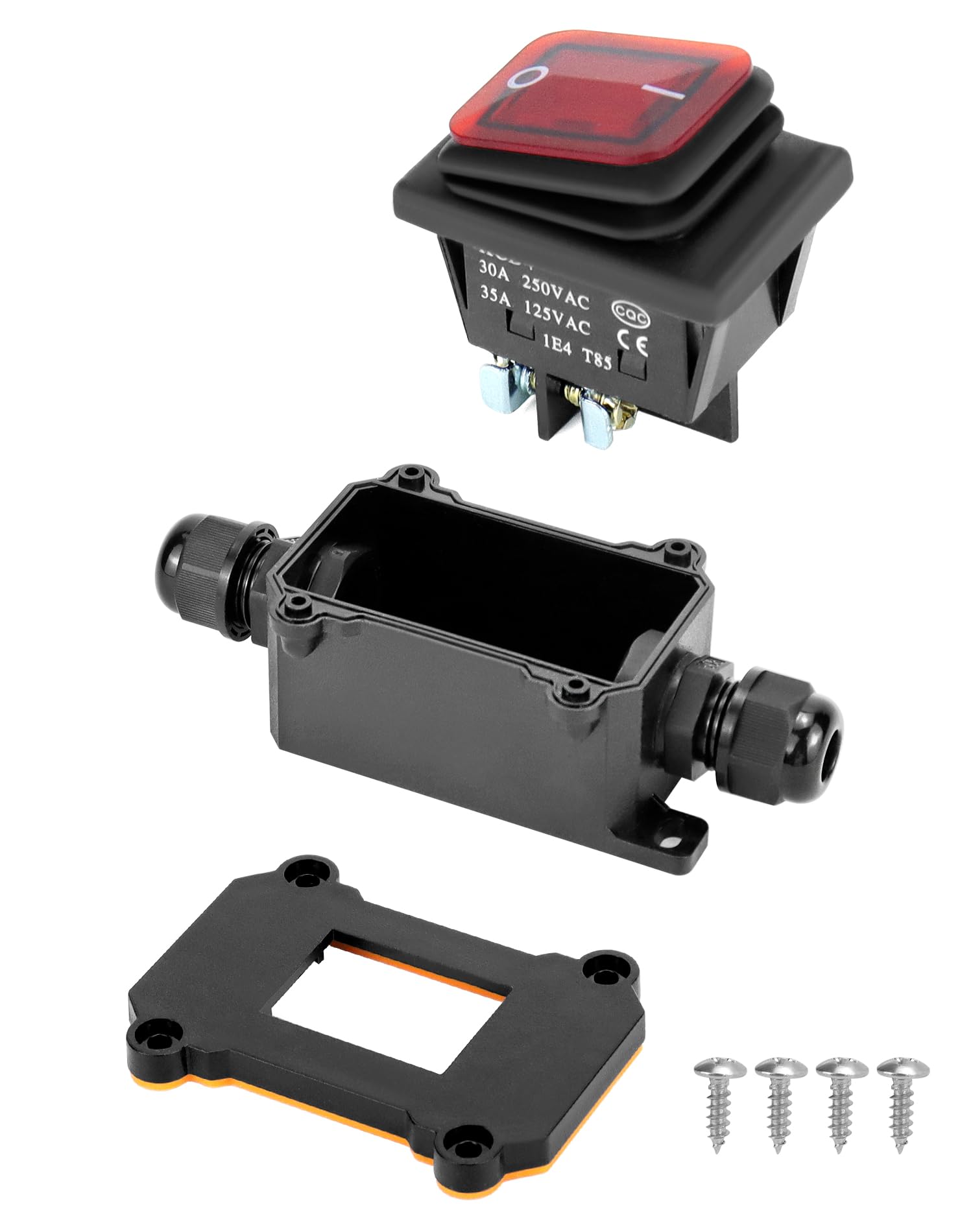 QWORK® Interruptor de cable en línea impermeable IP65 con luz indicadora roja, 220V 30A, DPST de 4 pines, control de encendido/apagado de doble posición