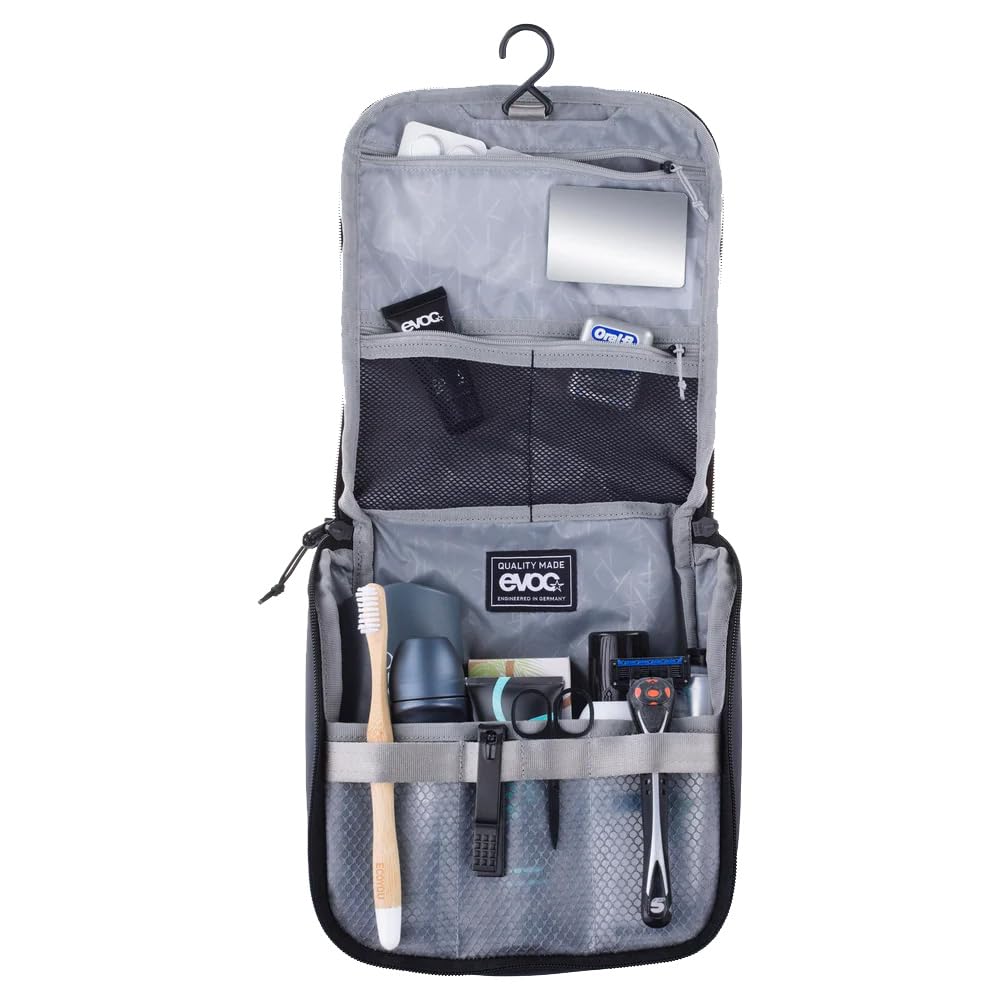 EVOC Wash Pouch Neceser para el día a día Durante el Viaje (Organizador de Viaje con separadores colocables Individualmente, Espejo extraíble, Gancho Integrado para Colgar), Gris carbón - Negro