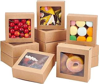BENECREAT 16Packs 5.5x5.5x2inch Clear PVC Square Window Gift Boxes, Brown Kraft Paper Present Boxes for Wedding Gift, Chocolates, Cookies and Other Small Crafts