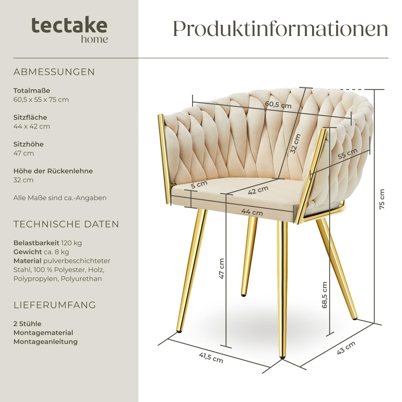 tectake® Samt Stuhl, Schalenstuhl mit Armlehne in Knoten Optik, Esszimmerstühle, Sessel modern für Wohnzimmer, Esszimmer, als Küchenstühle, für Schminktisch, Dining Chair Set - Sand/Gold, 2er Set