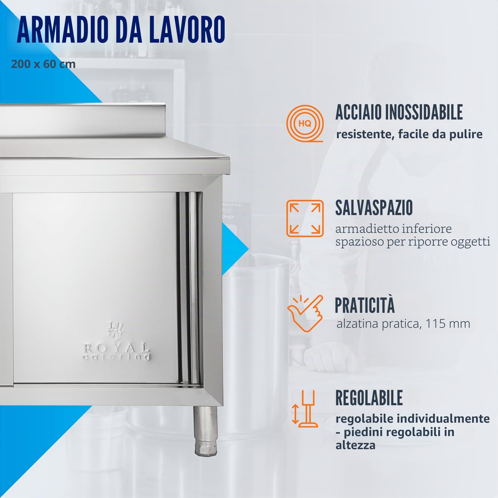 Royal Catering - RCAT-200/60-C - Piano di lavoro con ante - 200 x 60 cm
