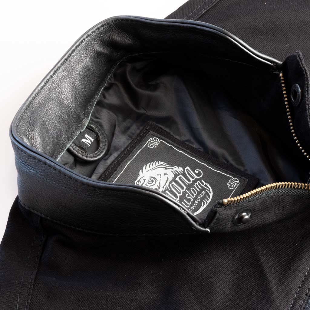 Chaleco motero vaquero negro con detalles en cuero modelo SOA de IGUANA CUSTOM COLLECTION estilo biker custom para poner parches de clubs o freebikers