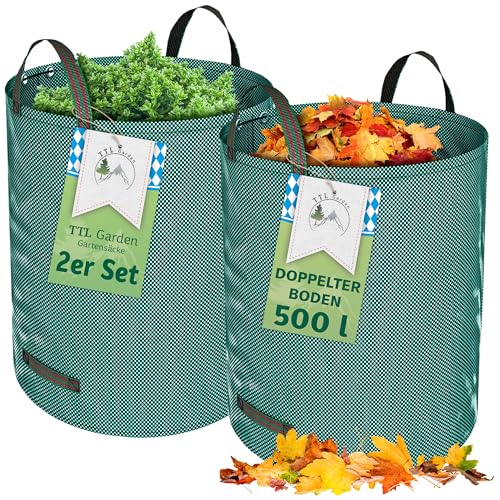 TTL GARDEN 2x 500L Gartensack - DOPPELTER BODEN extra stabil selbststehend 4 Griffe 150gsm extra groß robust & faltbar - 2er Set Garten Sack Laubsack Abfallsack für Gras Laub Hecke Gartenabfall