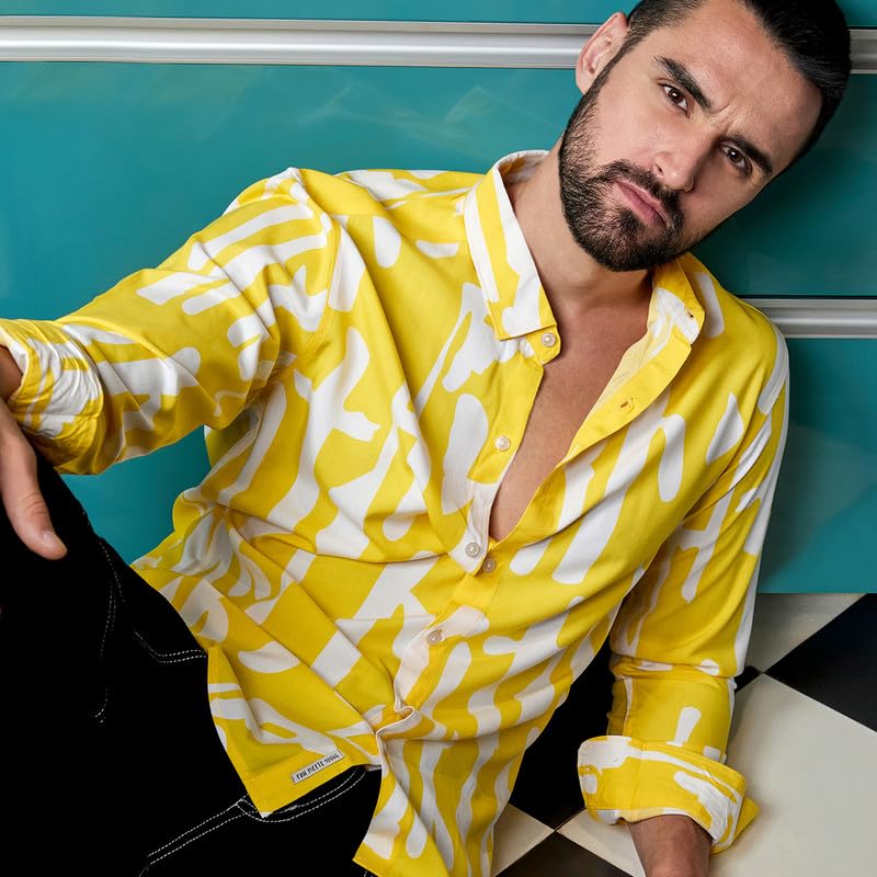 Image of CAHOOT Men's Lemon Yellow Abstract Print Shirt for Everyday Wear | Spread Collar | Button Closure | Long Sleeve | Heavy Rayon Shirt Crafted with Comfort Fit for Everyday Wear