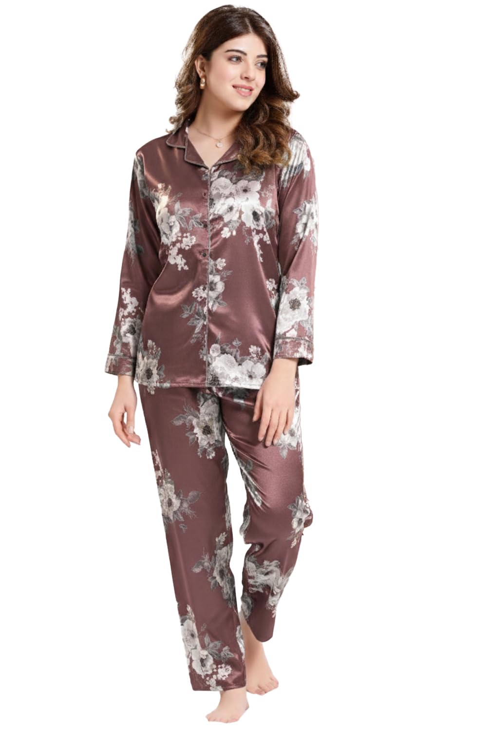 Floral Satin Nightsuit Set for Women | Luxury Night Coord Sets | Satin Loungewear | Premium Pajama Set | Luxury Silky Soft Loungewear Set-image-6