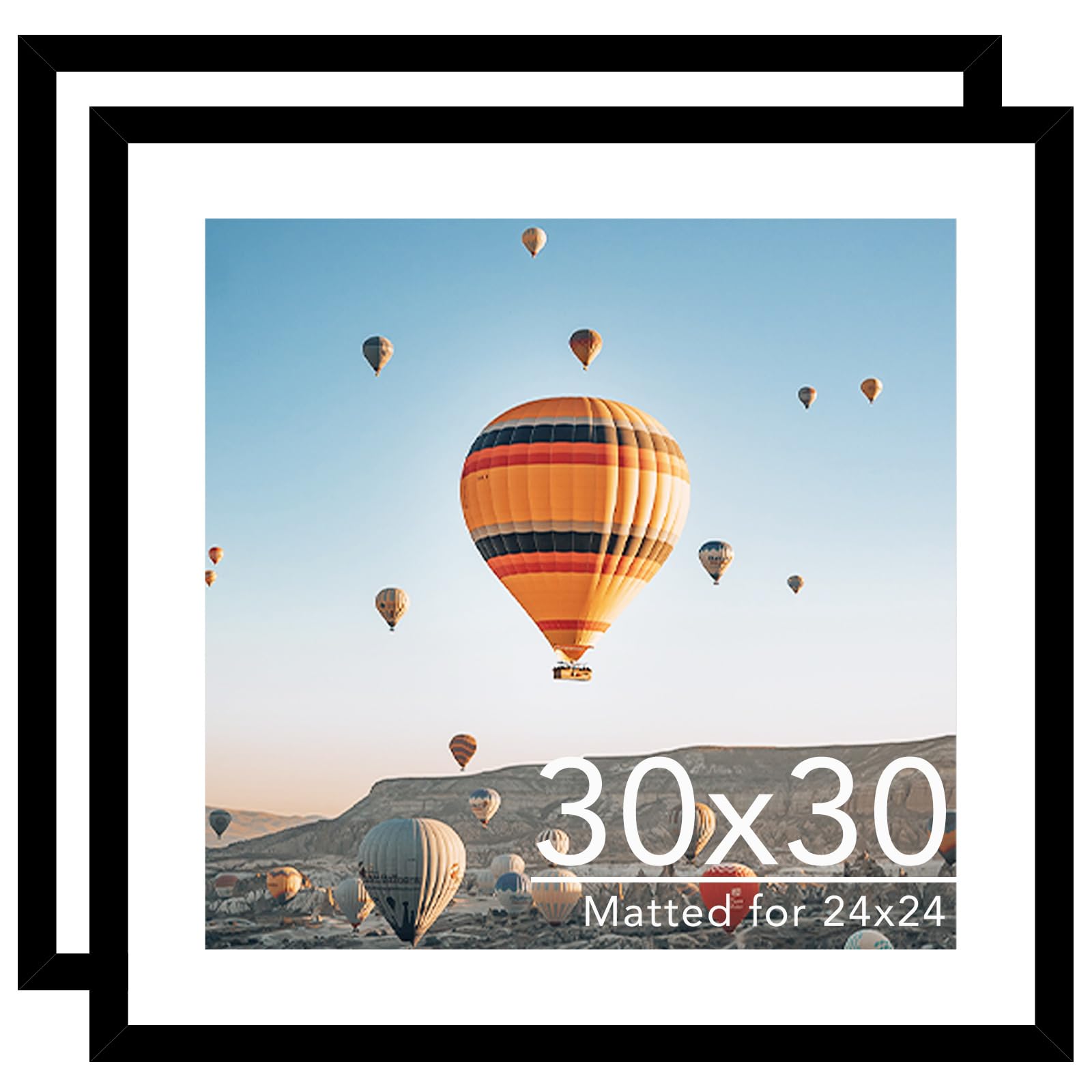 30x30 Picture Frame Set of 2 with 24x24 Mat, Display Photo 24x24 with Mat or 30 x 30 Without Mat, Wall Hanging Large 30x30 Poster Frame with Shatter Resistant Plexiglass, 2 Pack, Black