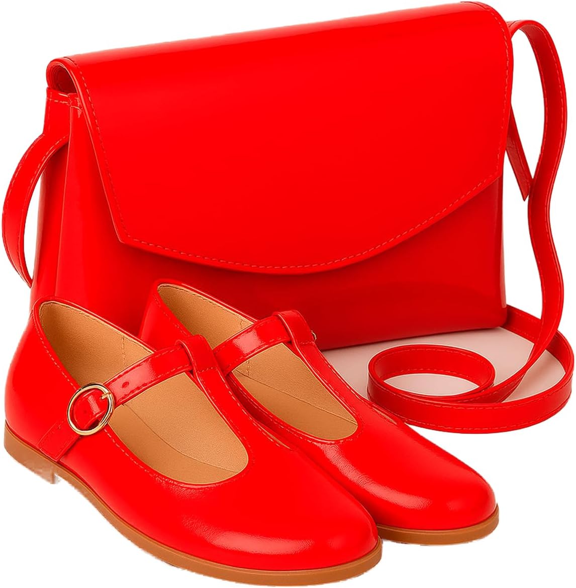 Sapatilha Infantil Mary Jane Prata com Fivela Dourada e Bolsa Transversal Branca