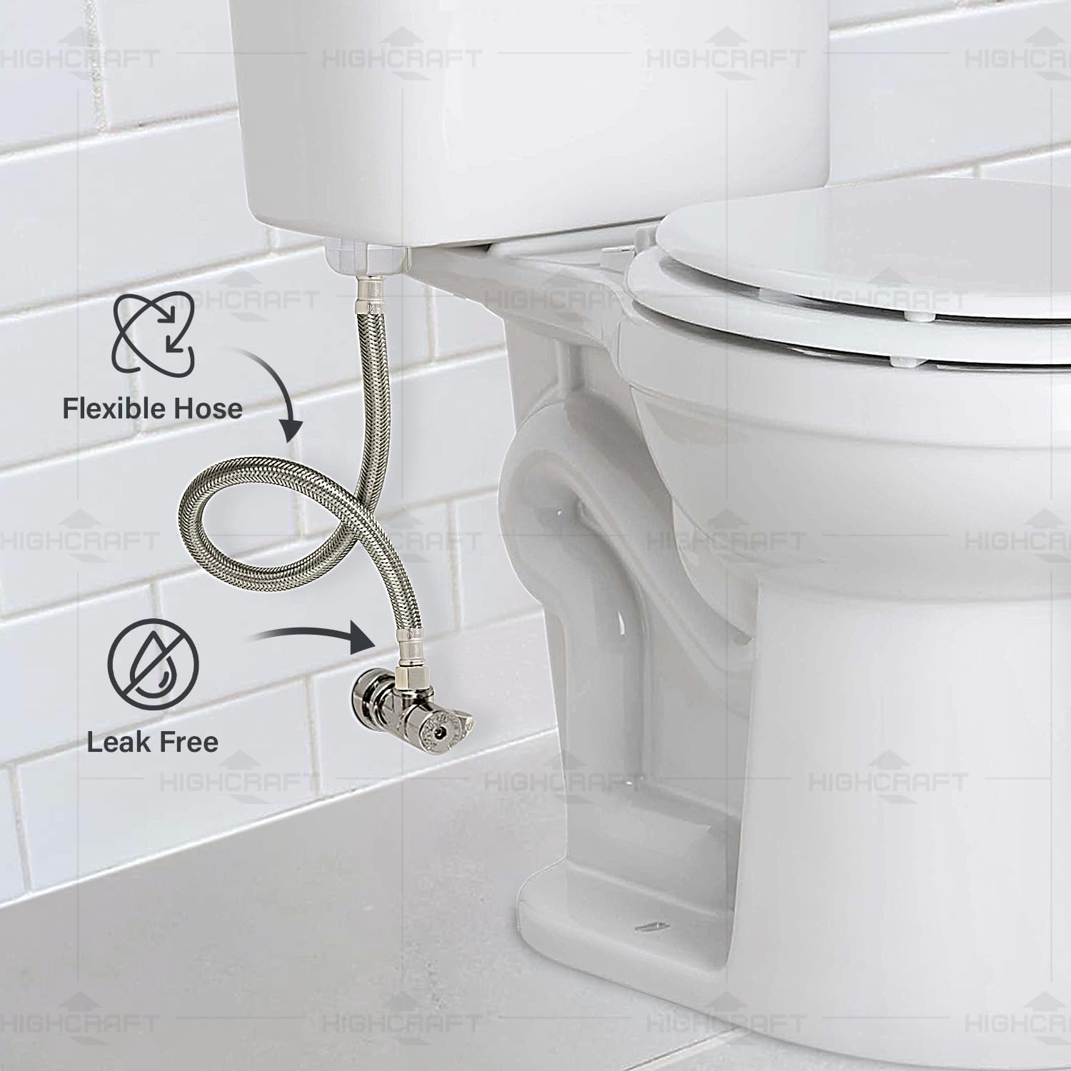 Highcraft 27416-NL-2 Conector de inodoro, manguera trenzada de acero inoxidable se conecta a la línea de suministro de compresión 3/8 x tuerca de bola hembra 7/8 16 pulgadas