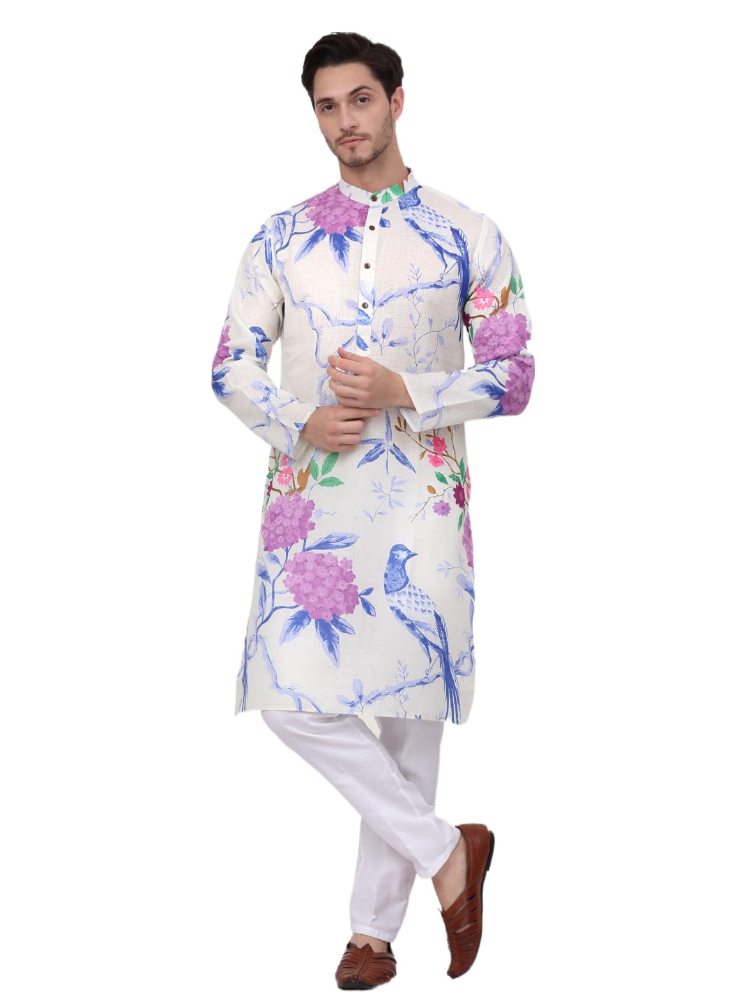Jompers Men's Blue Animal Printed Pure Cotton Straight Kurta Pyjama Set. (Blue, L)