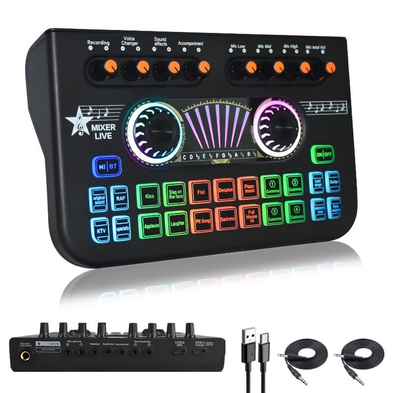 Live Sound Card Sound Mixer Board with Multiple Sound Effects LED Light, Professional USB Audio Mixer External Voice Changer Device for Live Recording Streaming Podcasting KTV Computer Game Voice Chat