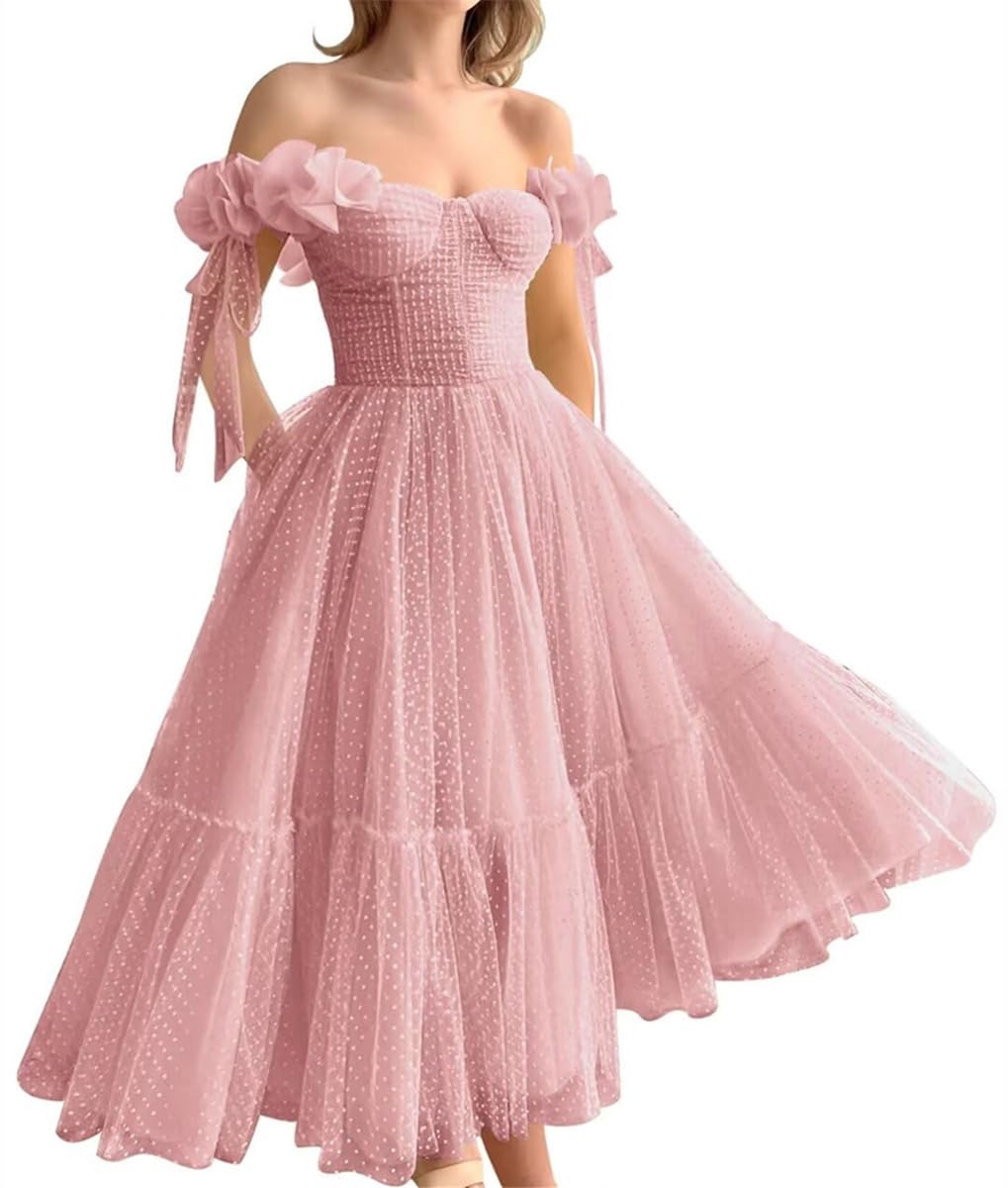 SAYNO Off The Shoulder Country Bridal Gowns Corset Homecoming Dresses for Teens Chiffon Graduation Party Gowns HLSA192 Dusty Rose UK22