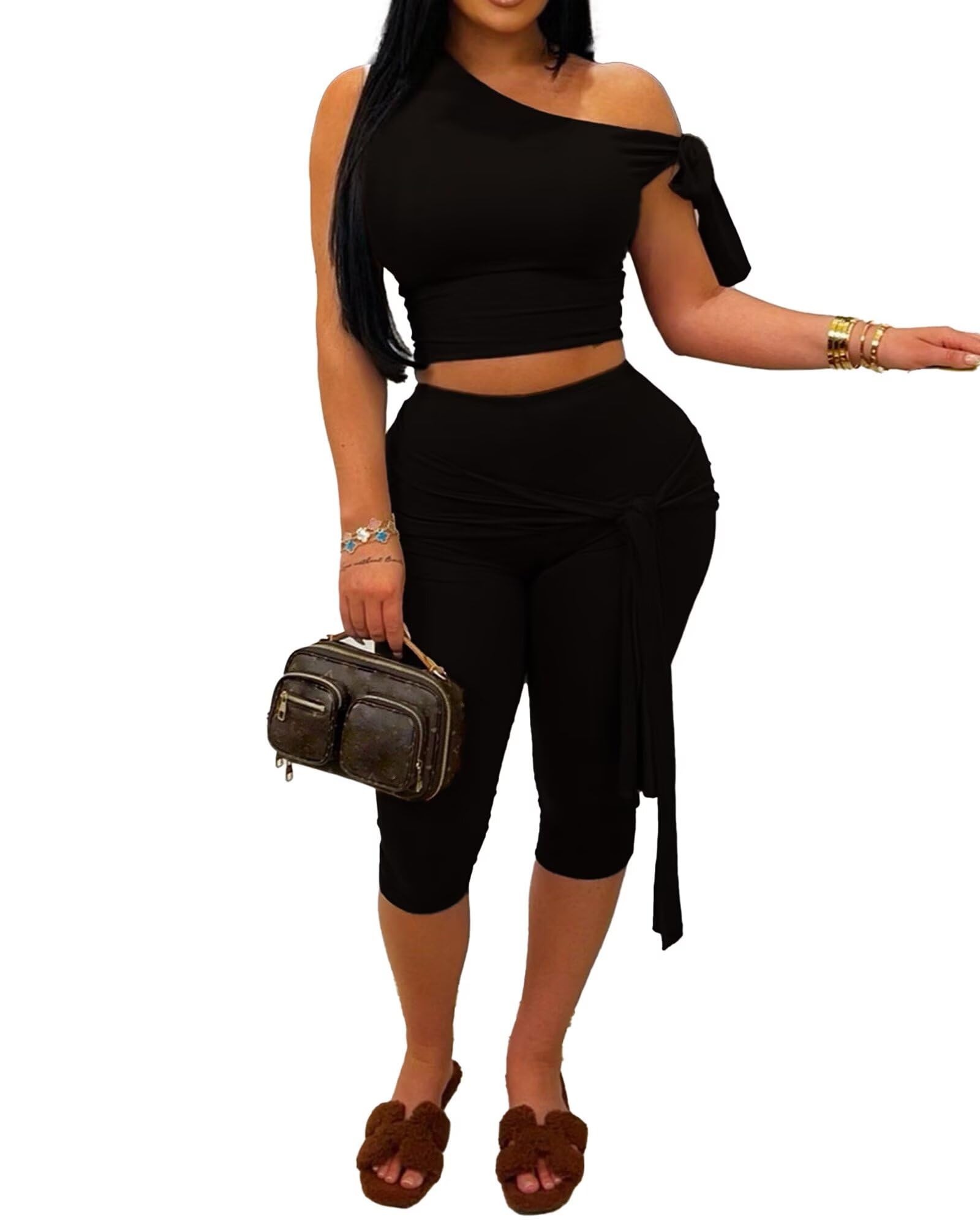 CXXQ Sexy 2 Piece Outfits Off Shoulder Self Tie Crop Tops and Capri Legging Set Tracksuits Clubwear