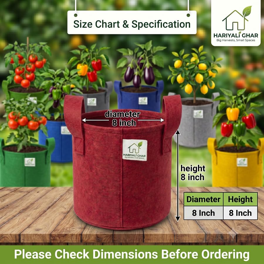 Image of 400 GSM Geo Fabric Round Grow Bags 8x8 Inch with Handle, Red Planting Bags for Terrace and Kitchen Gardening Pack of 3