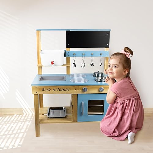 Miniatura 6 de Cocina de barro para niños, juego de cocina al aire libre, juego de juguete de cocina de madera con accesorios, cocina de barro de lujo para jardín