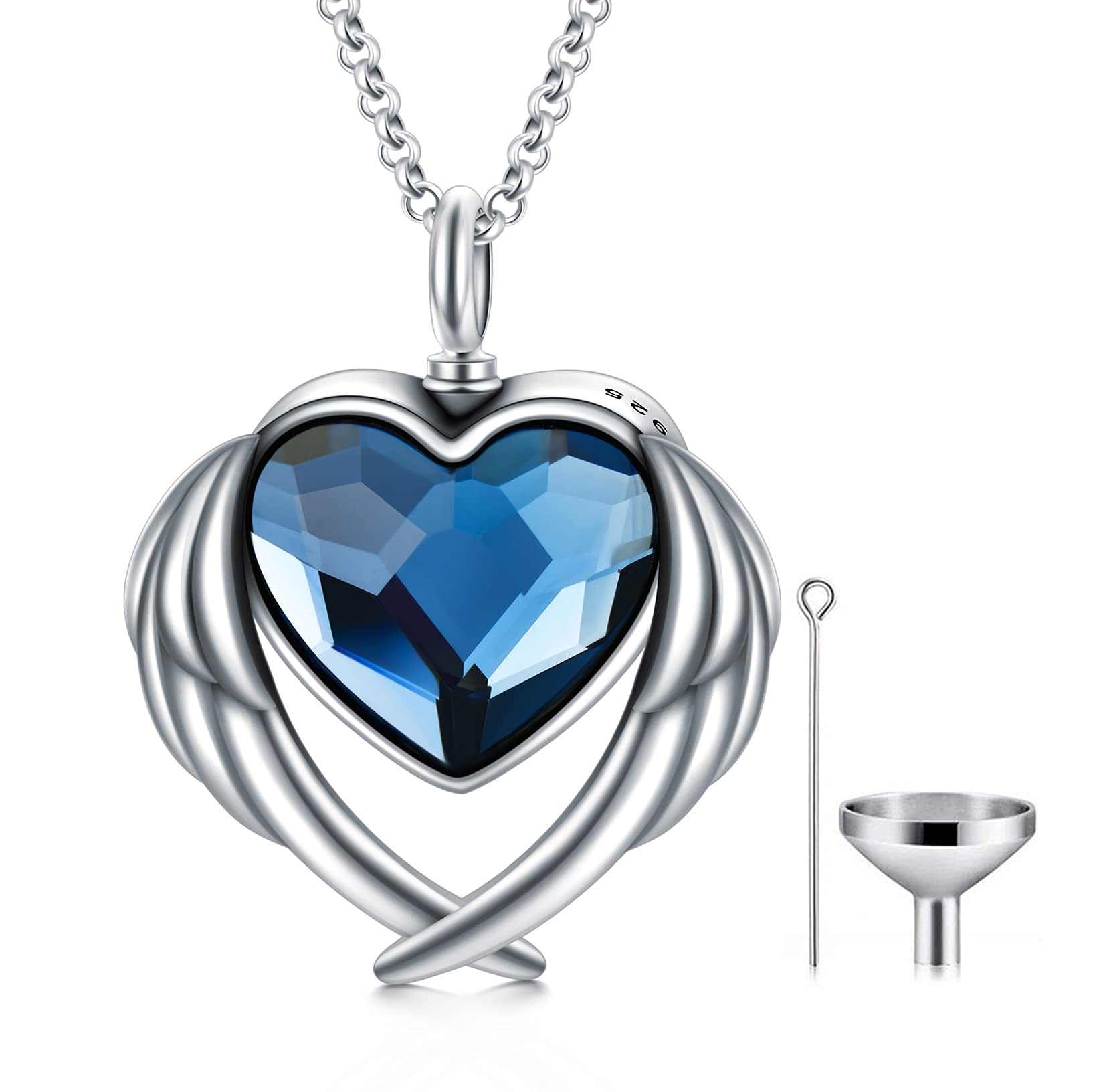 AOBOCO Angel Wing with Urn Necklace - Sterling Silver Hold You in My Heart Cremation Memorial Keepsake Pendant with Crystal
