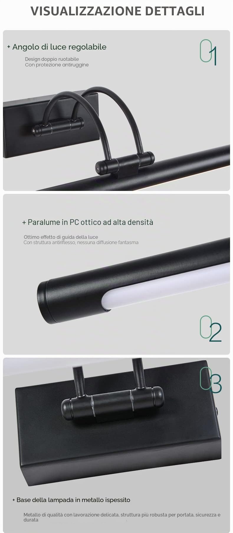 Applique LED da parete per illuminare quadri, specchi, murales, 8 W tradizionale ed elegante, tono di luce calda 3000 K, colore nero, articolato e girevole. 50 cm