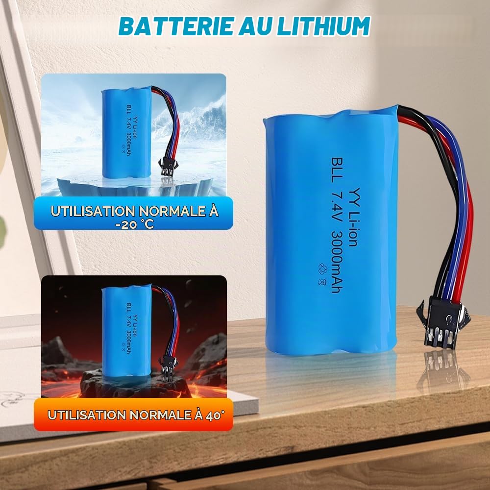 Lot de 2 Batteries Li-ION Rechargeables 7.4 V 3000 mAh avec Fiche SM-3P et Chargeur, Batterie au Lithium pour Véhicules Télécommandés, Chars, Cascadeurs et Robots