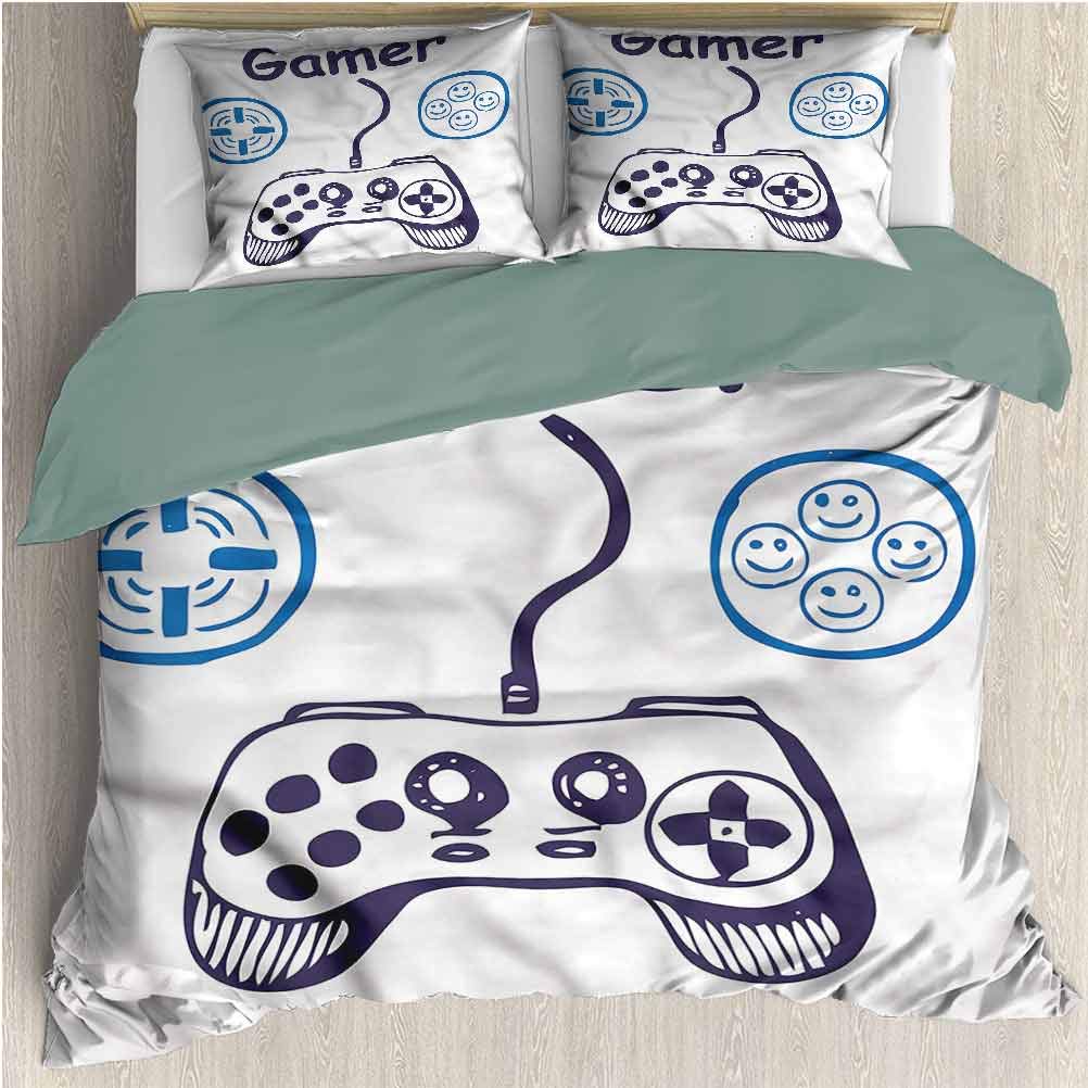 Gamer Duvet Cover Set Twin, 1 Duvet Cover with 2 Pillow Shams, Sketch Controller Smiley Face Microfiber Duvet Cover Set Quality Soft Silky Comfortable Breathable