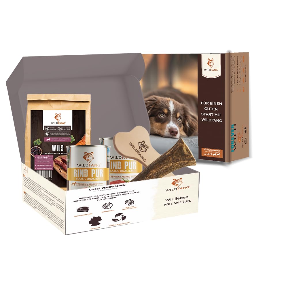 Wildfang® Wildliebe Welpen Starterpaket – Kauartikel Hund Set mit Hundefutter nass Rind & getreidefrei Wild Trockenfutter für Hunde Geweih für Hunde Rothirschgeweih Leder Kauknochen als Hundespielzeug