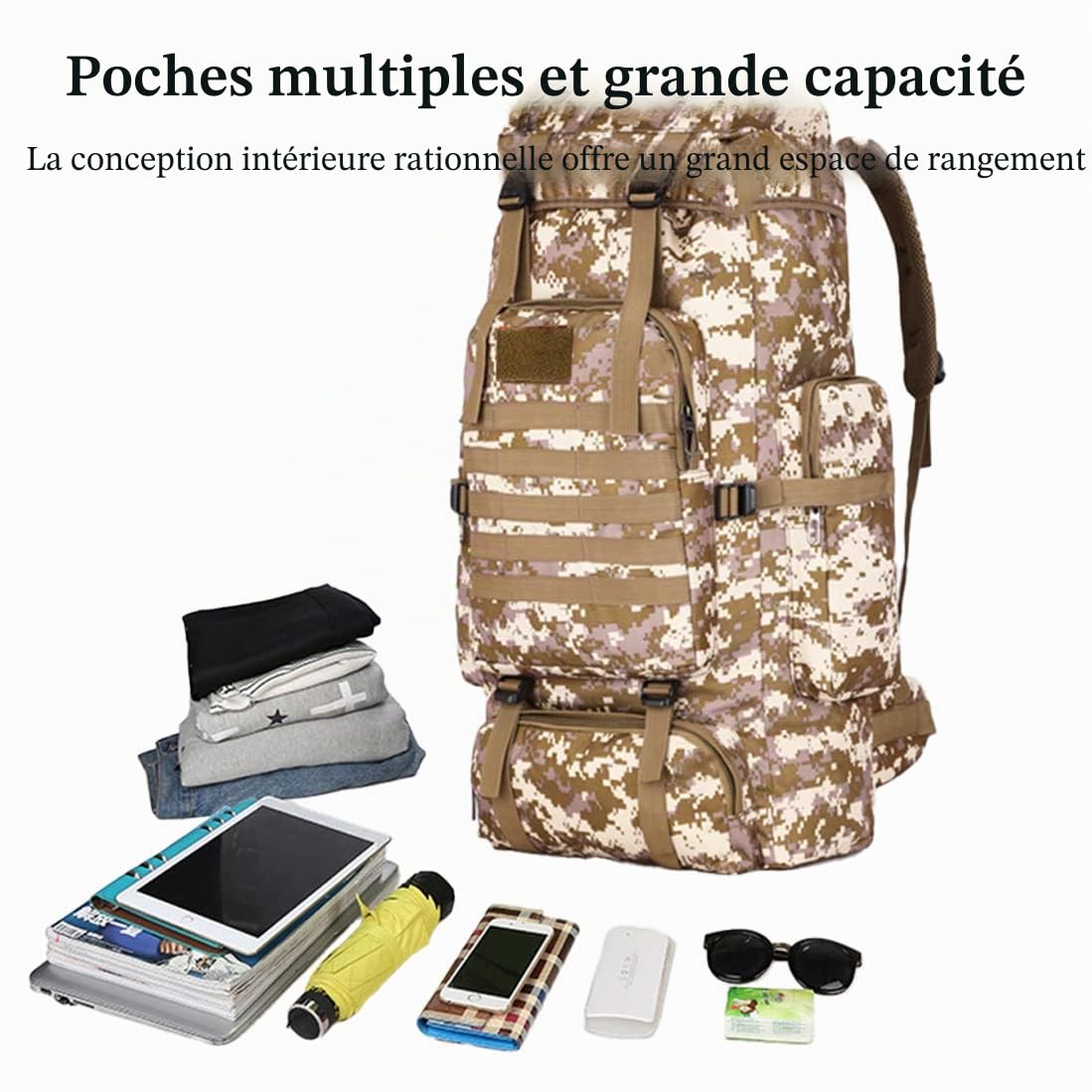 Sac à dos tactique militaire 80L sac d'assaut de l'armée de grande capacité sac à dos d'activité de plein air…