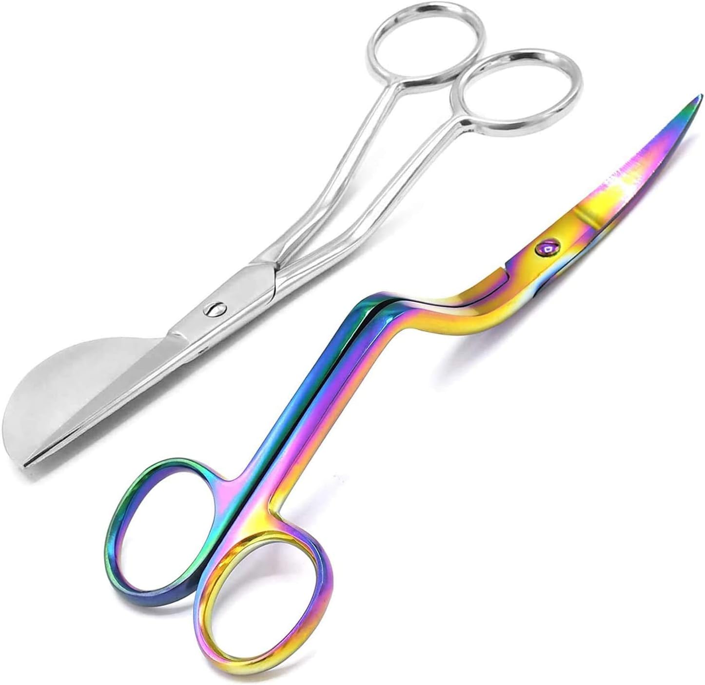 G.S 6 inch Stainless Steel Applique Duckbill Scissors Blade with Offset Handle Silver Color & 6 inch Machine Embroidery Double Curved Scissors Rainbow Color Bundle