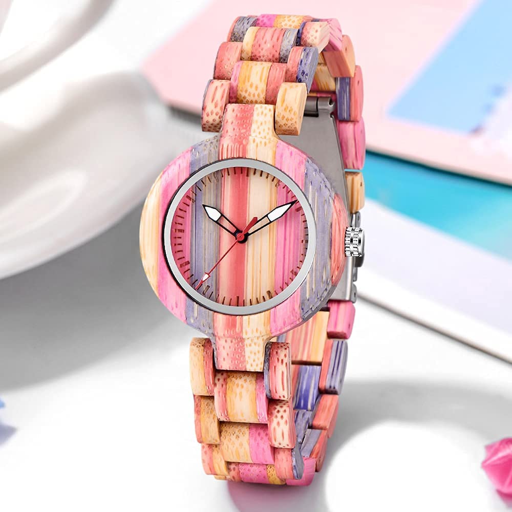 Tiong Orologio da donna in legno di bambù colorato, classico, al quarzo, in legno, analogico, al quarzo, per donne, Wq1066 colorato, Retrò