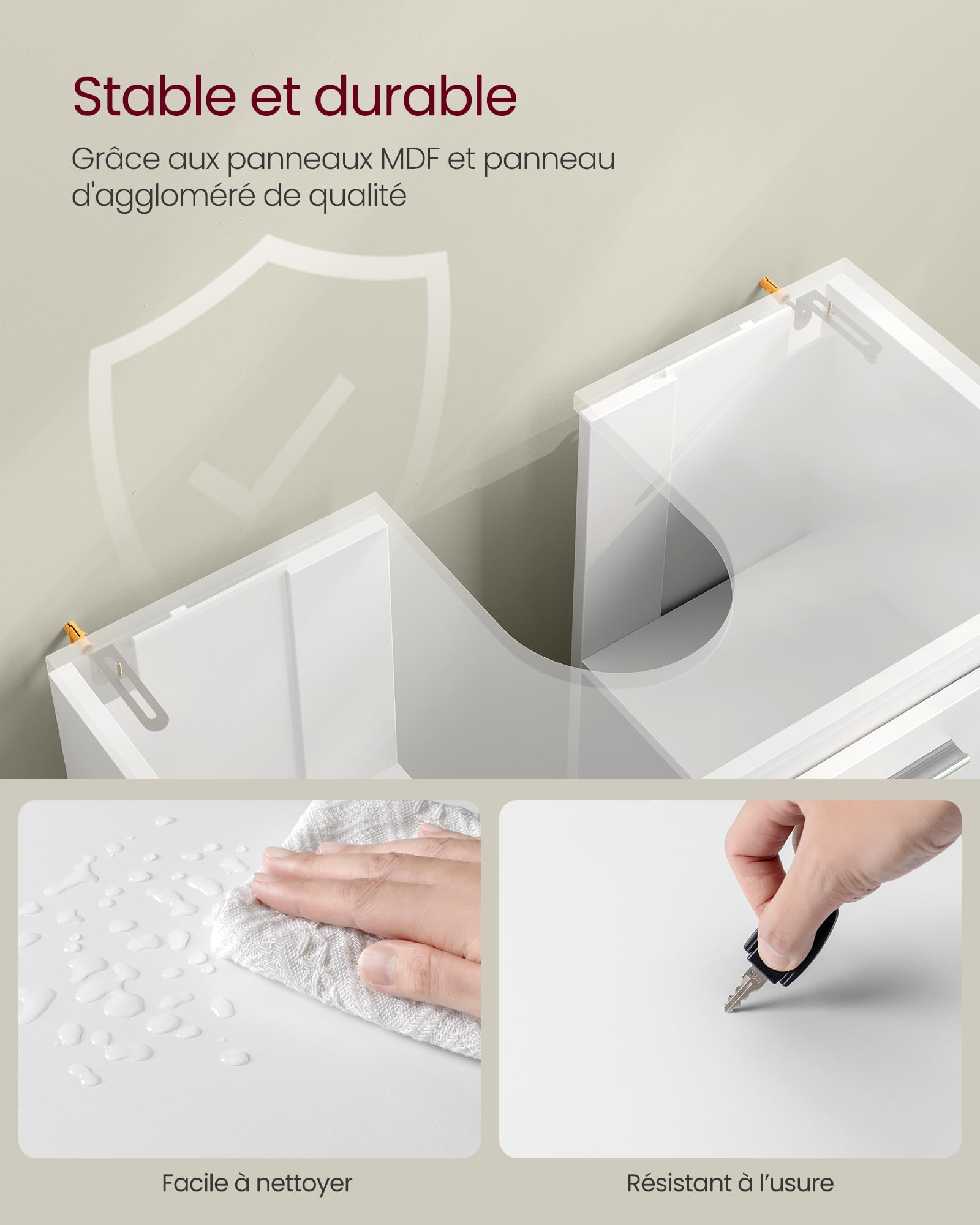 VASAGLE Meuble sous Lavabo, Meuble de Salle de Bain, 2 Compartiments derrière Les Portes, pour Divers Types de Lavabos, avec Pieds, 30 x 60 x 60 cm, Blanc Nuage BBK506W01