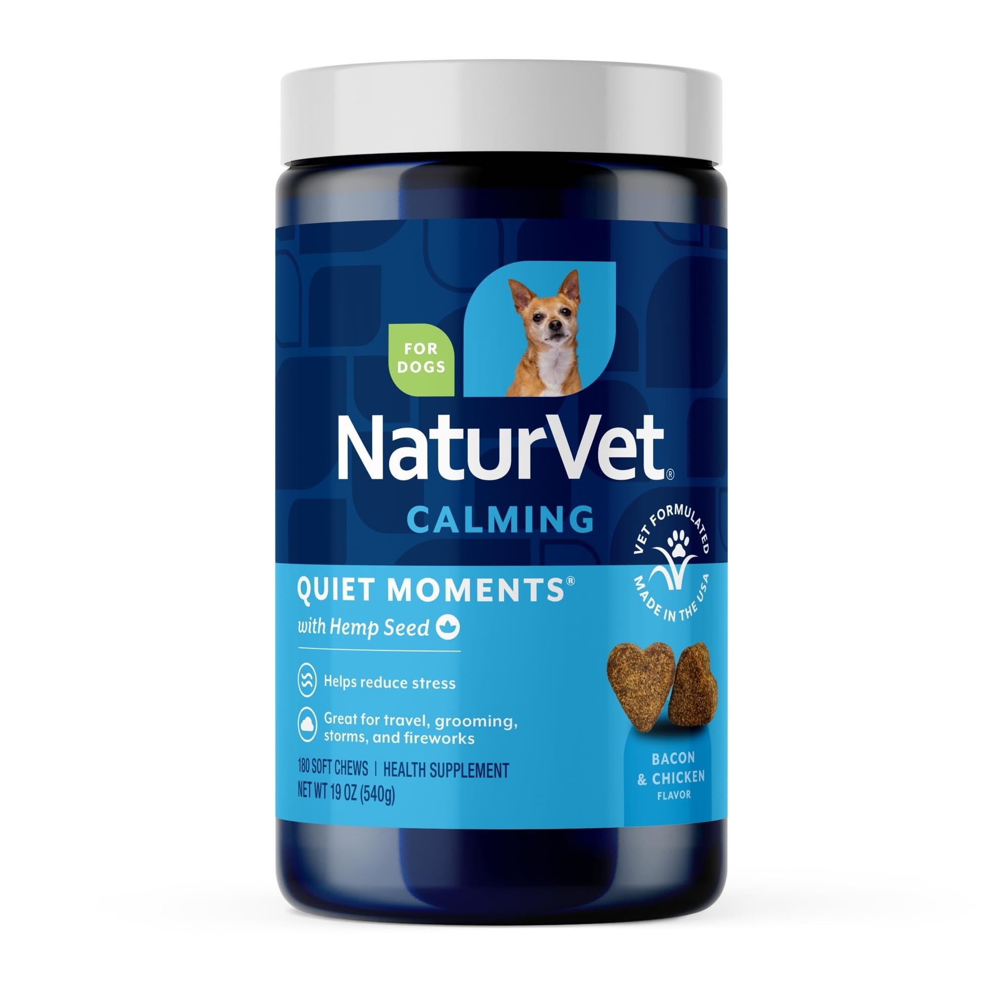 NaturVet Quiet Moments Calming Aid Dog Supplement, Helps Promote Relaxation, Reduce Stress, Storm Anxiety, Motion Sickness for Dogs (Quiet Moments Plus Hemp, 180 Soft Chews)