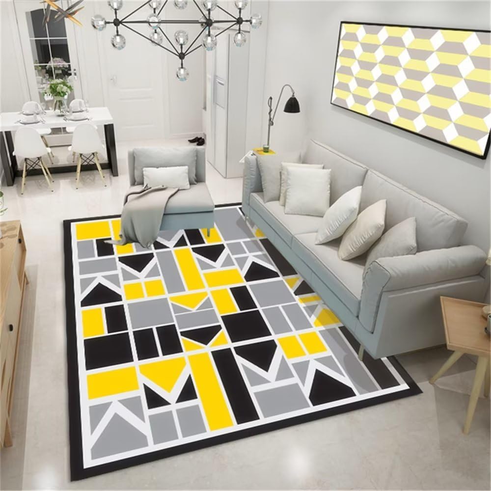 Tapis de chambre enfant jaune géométrique 140x200 cm lavable
