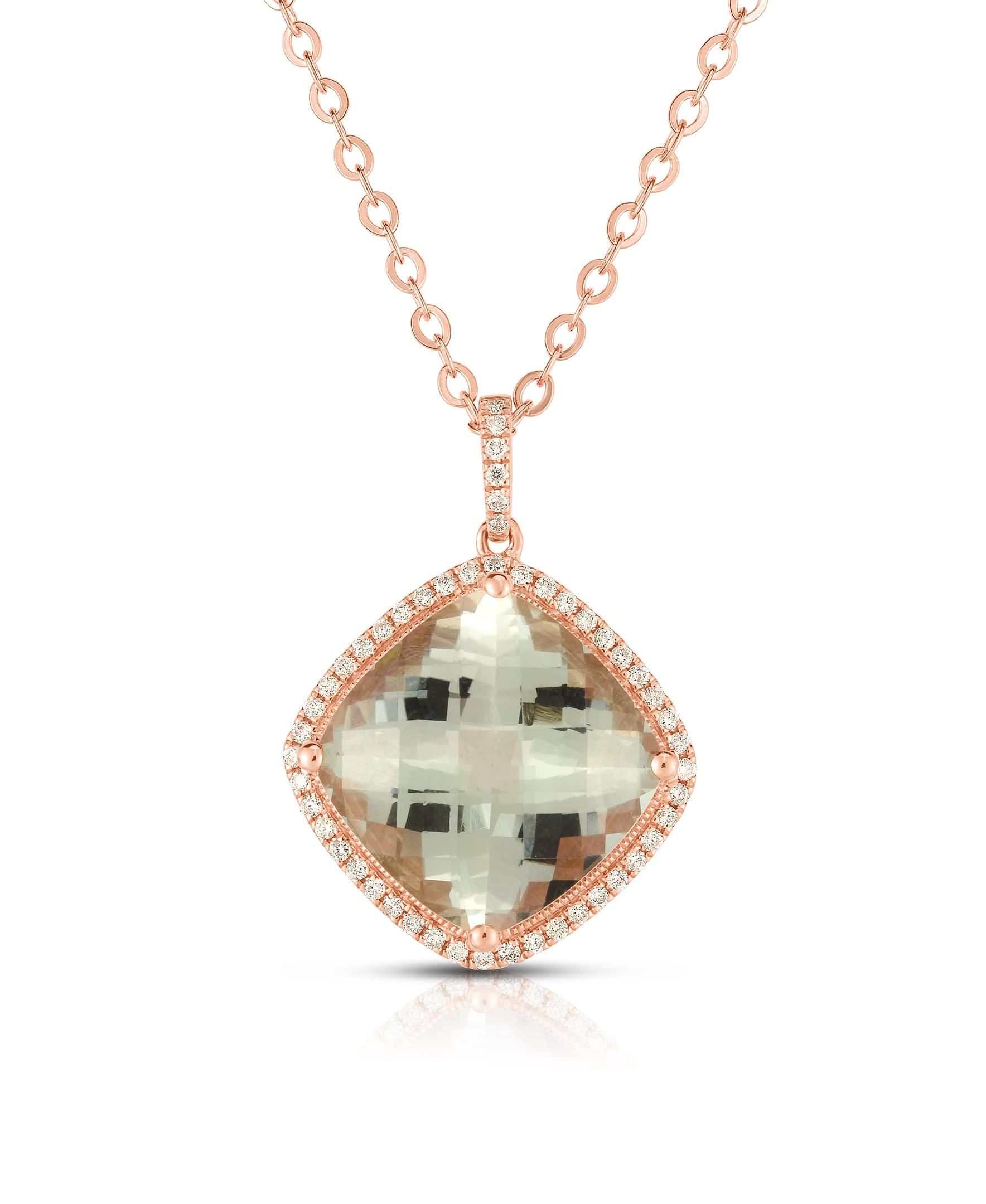 14K Rose Gold Genuine Green Amethyst 10Ct Cushion Diamond Necklace Pendant