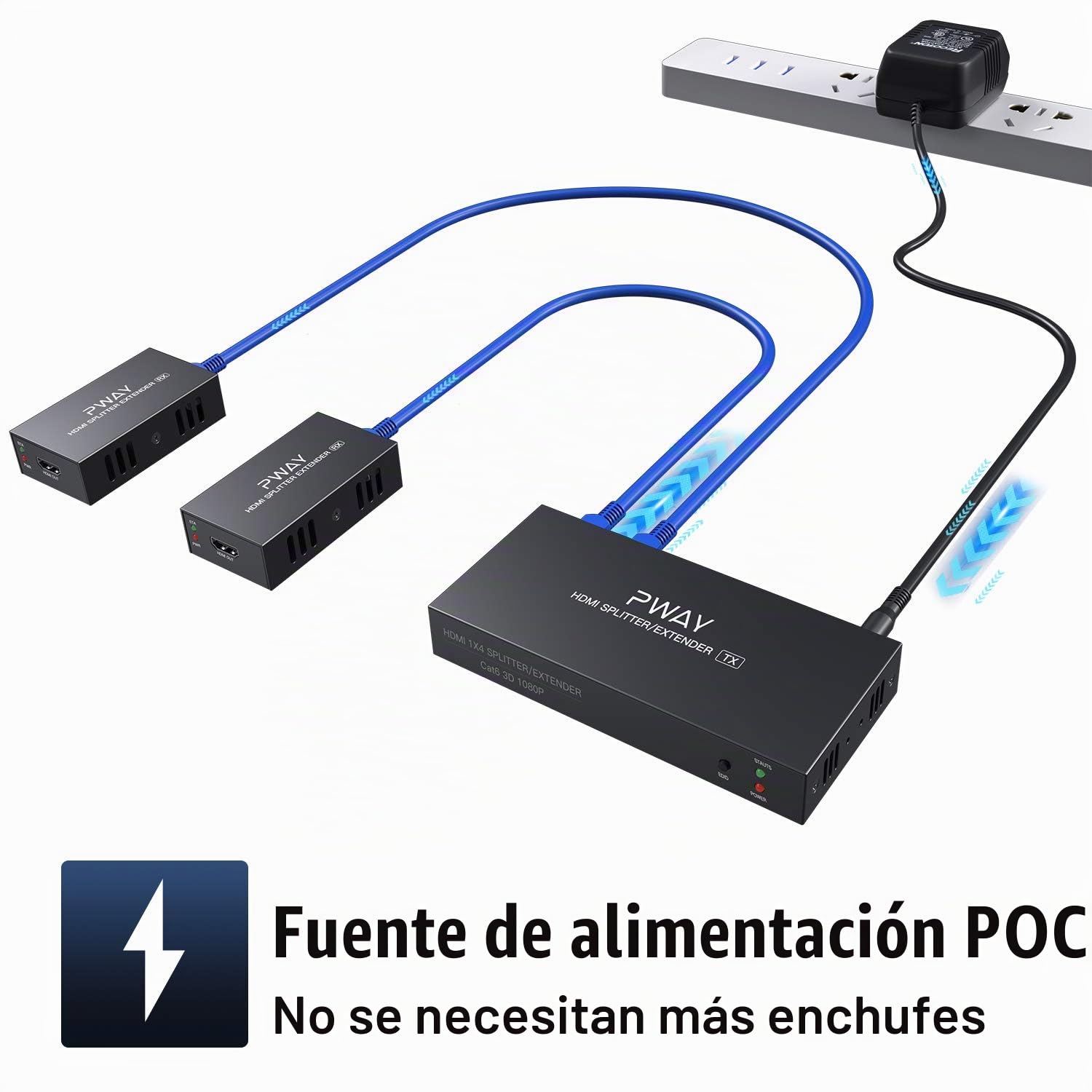 PW-HTS0102 (POC) 1X2 Splitter HDMI Extensor de Divisor Puerto sobre Cat5e/Cat6 Cable Ethernet con Control Remoto Sin demora hasta 50m/165ft y Resolución hasta 1080P@60 Hz (1 In 2 out)