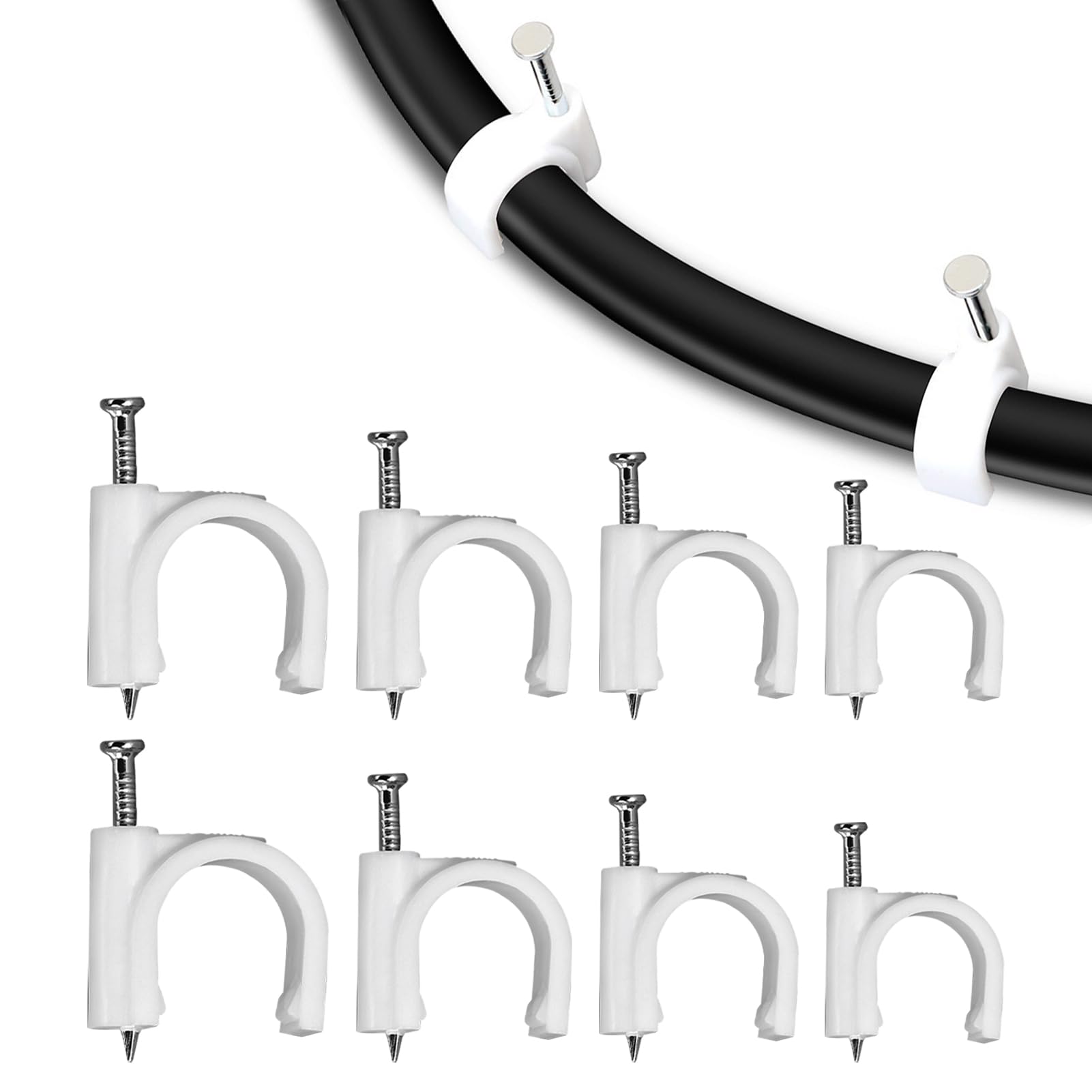 400Pcs Cable Clips, White Cable Nail Clips, Electrical Wire Tidy Organizer, 4 Sizes (4mm/6mm/8mm/10mm) for Ethernet, TV, USB and Telephone Cables