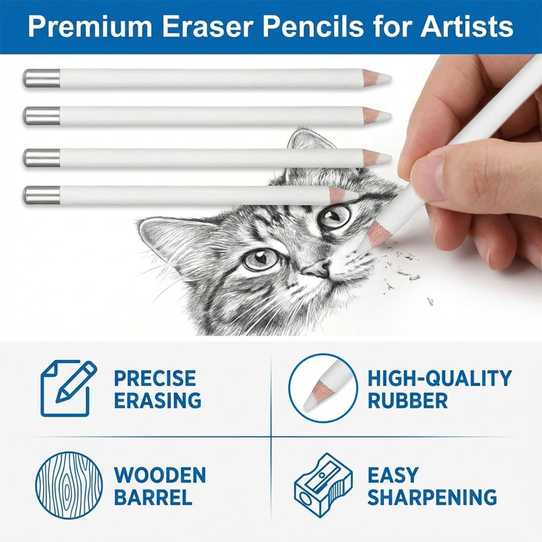 6 Difuminadores para Dibujo y 2 Lápices Goma Borrar, Goma Lápiz Precisión Blanco que Permiten Obtener un Efecto de Boceto Delicado y Realizar Retoques Precisos para Artistas, Bocetos y Pintura