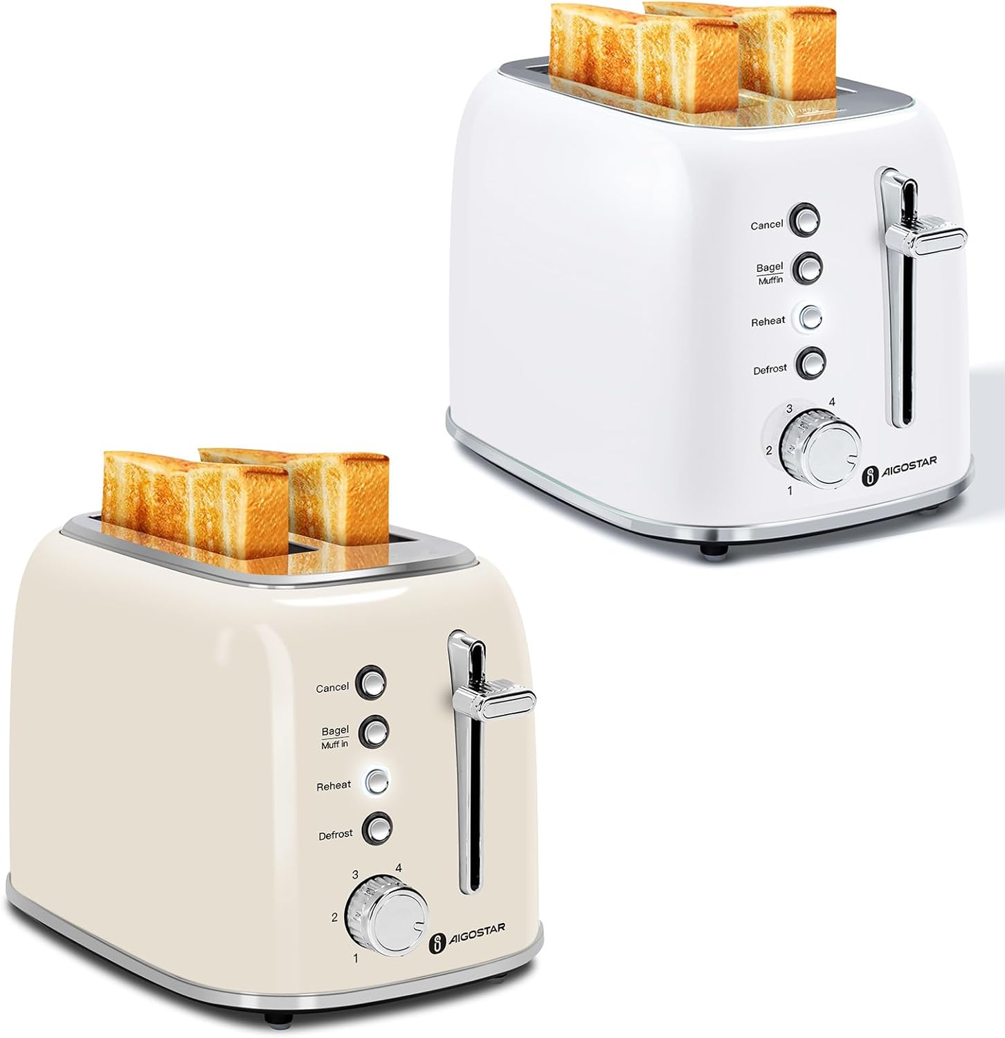 Aigostar Toaster 2 Slice Retro Toaster Stainless Steel, 1.6 inch Extra Wide Slots Bread Toaster Bagel, Cancel, Defrost Function, 6 Shade Settings & Removable Crumb Tray Waffle Tortilla Toaster