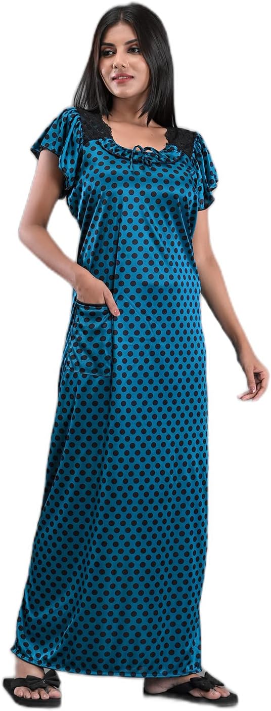 APRATIM Satin Women Girls Nighty Night Wear Night Gown Evening Gown Sleep Wear-014 Blue