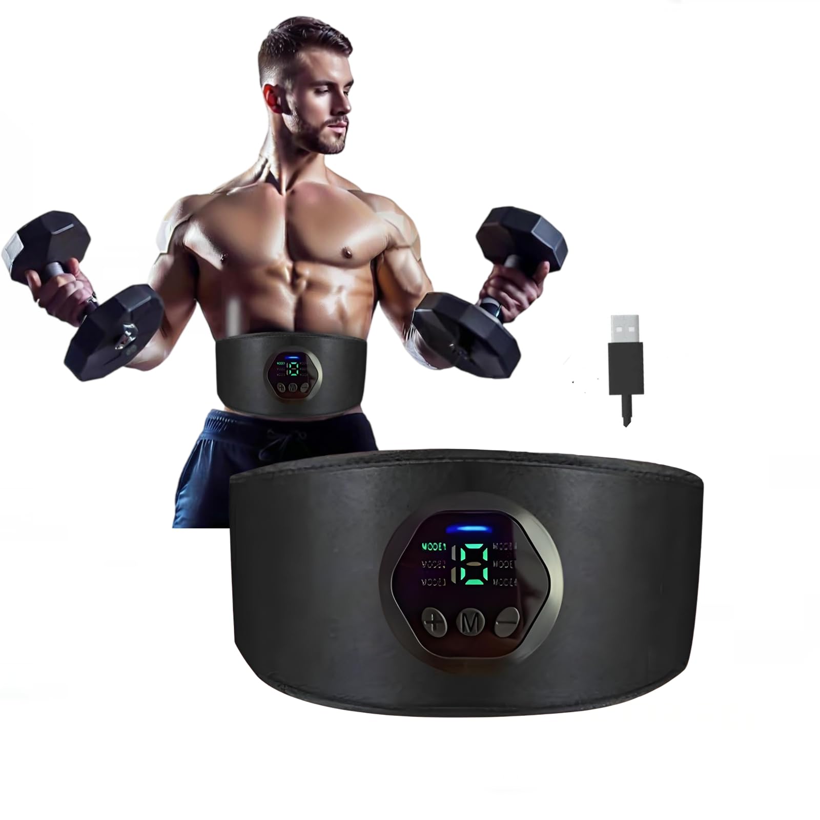 EMS - Stimolatore Muscolare per l'allenamento degli Addominali e Perdita di Peso – 6 Modalità, 18 Livelli, Stimolatore Addominale Lungo 109 cm Regolabile, Ricaricabile tramite USB, Dispositivo Fitness