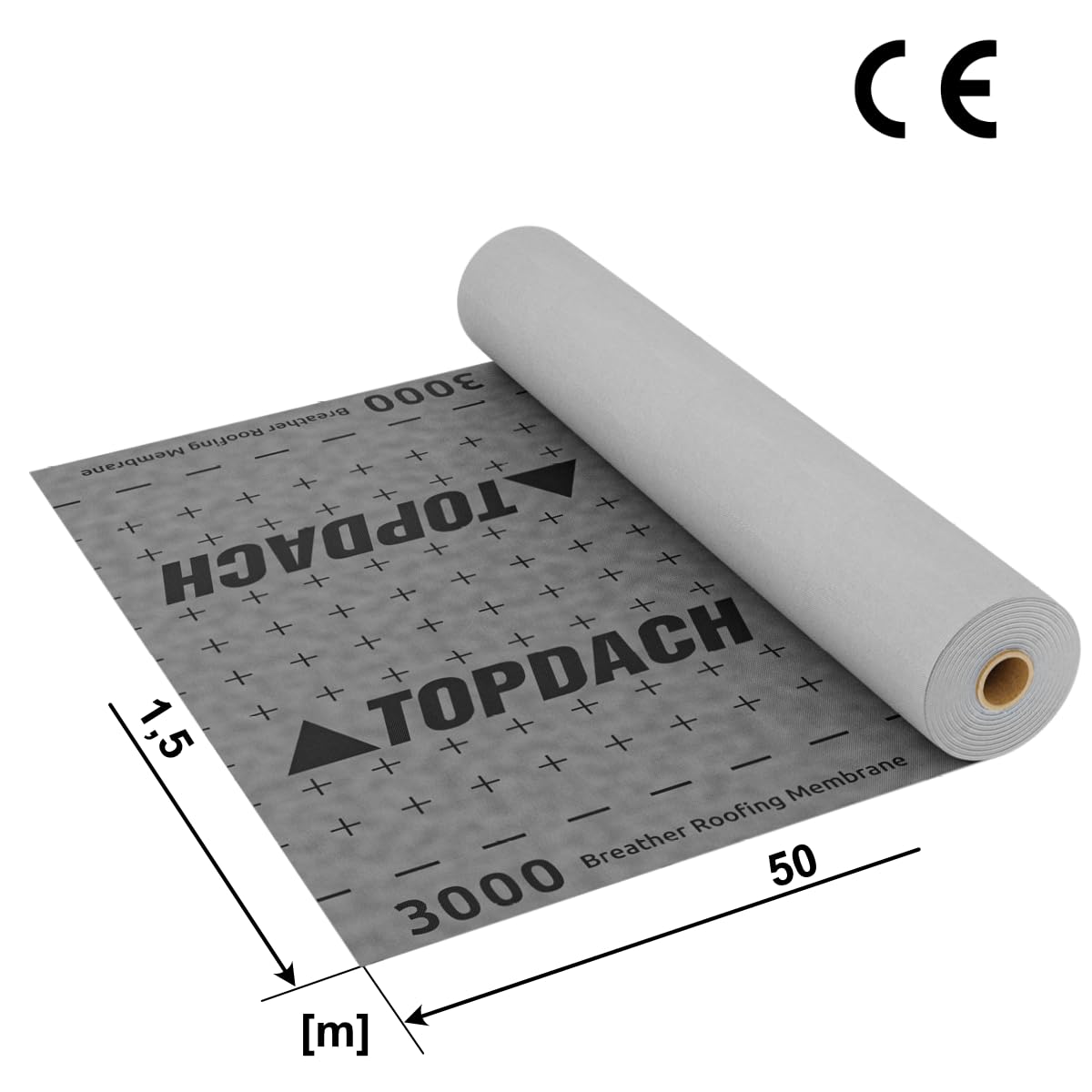 3000 Unterspannbahn diffusionsoffen 100 g/m² 75 m² (1,5 x 50 m) – 3-lagige Unterdeckbahn wasserdicht W1, Sd-Wert 0,02 m, EN 13859-1/-2, Grau