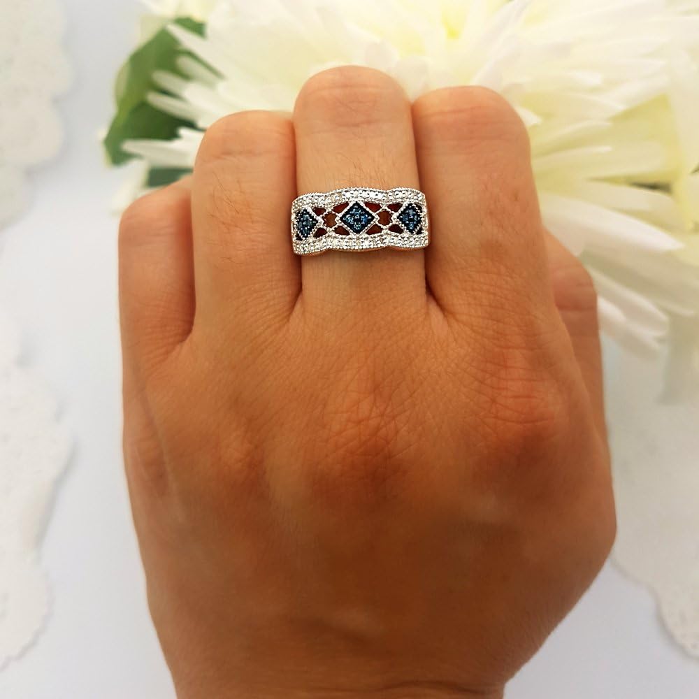 Dazzlingrock Collection 0.35 Ctw Round Blue & White Natural Diamond Ladies Vintage Wedding Band 1/3 CT, Sterling Silver