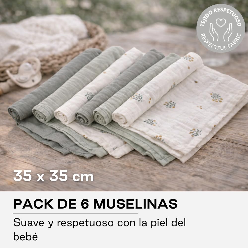 Jané Pack 6 Muselinas Bebé 35x35 cm, Algodón y Bambú Natural, Multiusos Lactancia, Antiácaros, Ecológicas, Verde
