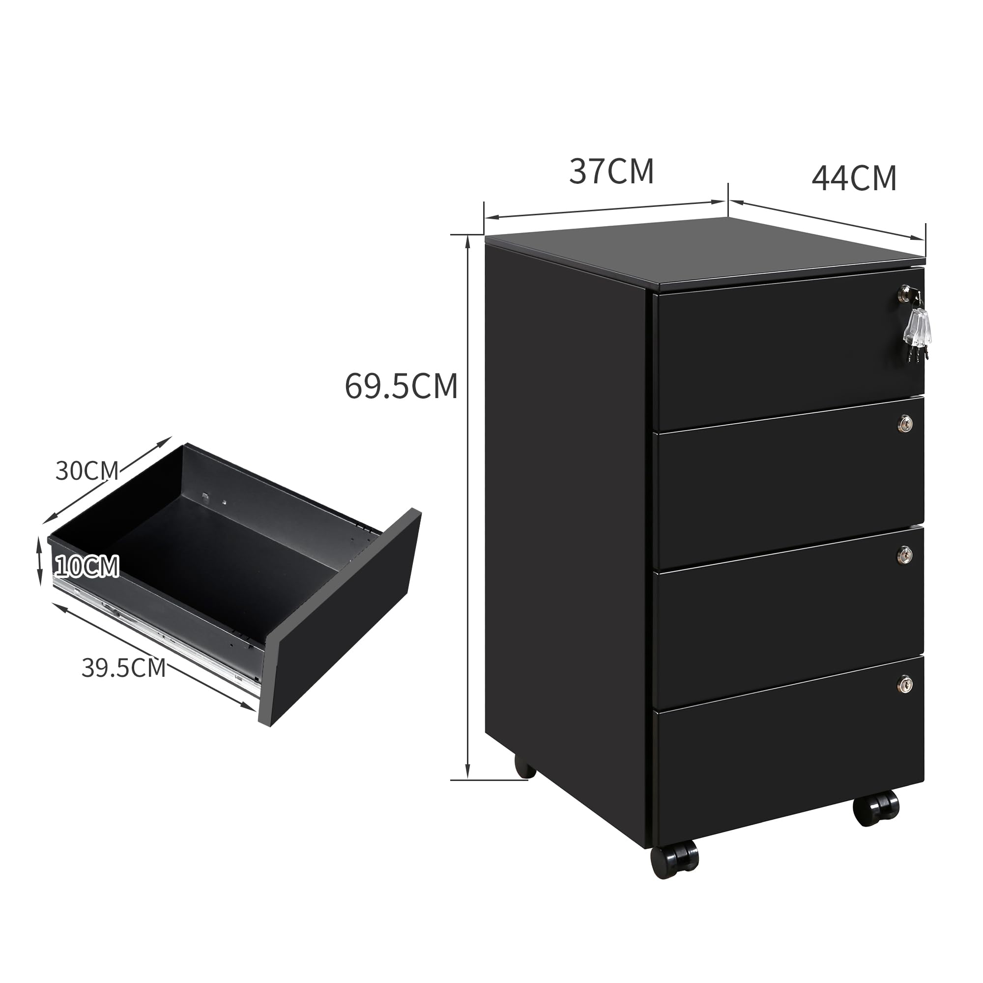Rollcontainer mit Schubladen, Mobiler Aktenschrank unter Schreibtisch, Abschließbarer Büroschrank, Druckertisch, 4 Schubladen 4 Schlüssel, Vormontiert, Büro, Homeoffice, Schwarz